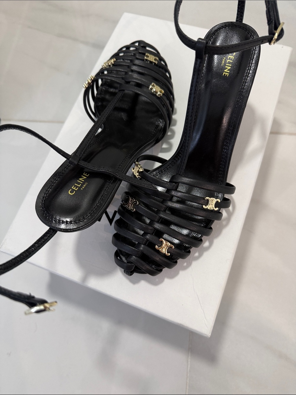 NOT A LUXURY BRAND- Black Leather Woven Sandals with Gold Hardware